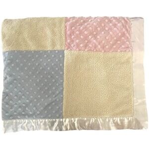 First Impressions Plush Patchwork Baby Blanket Unisex Blue Pink Yellow Satin